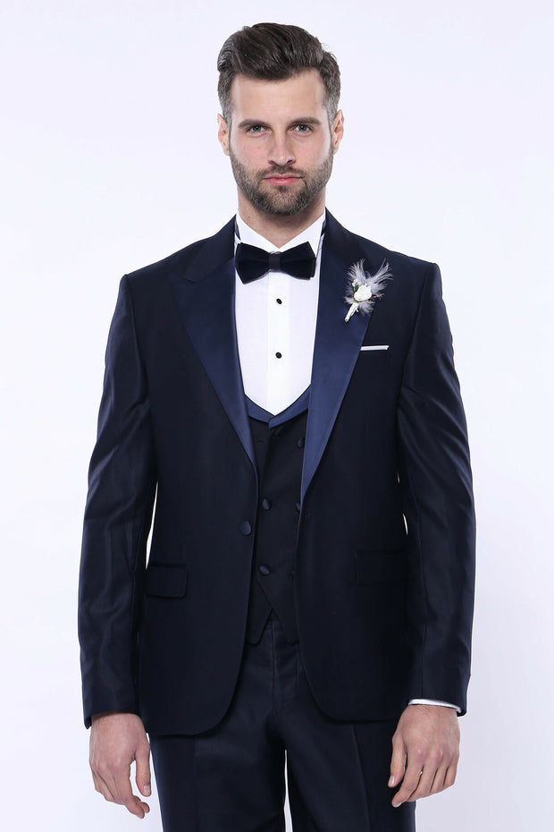 Single Button Satin Pointed Collar Satin Waist Navy Blue Tuxedo 3 Piece Tuxedo, 3-piece-suit, 34, 40, 42, Blue, Modern Fit, Navy, navy-blue, Party, Slim Fit, Tuxedo, Wedding Tuxedo3 Piece Tux