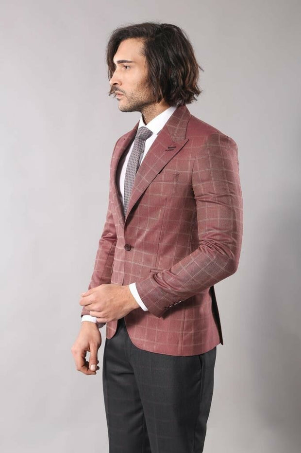 Single Button Wide Pointed Collar Burgundy Blazer $50 - $100, 34, 36, 38, 40, 6 Drop, Burgundy, Casual, Italian, Linen Blazer, Men's Blazers, Modern Fit, Peak, pink, Slim Fit OutletBlazer - w