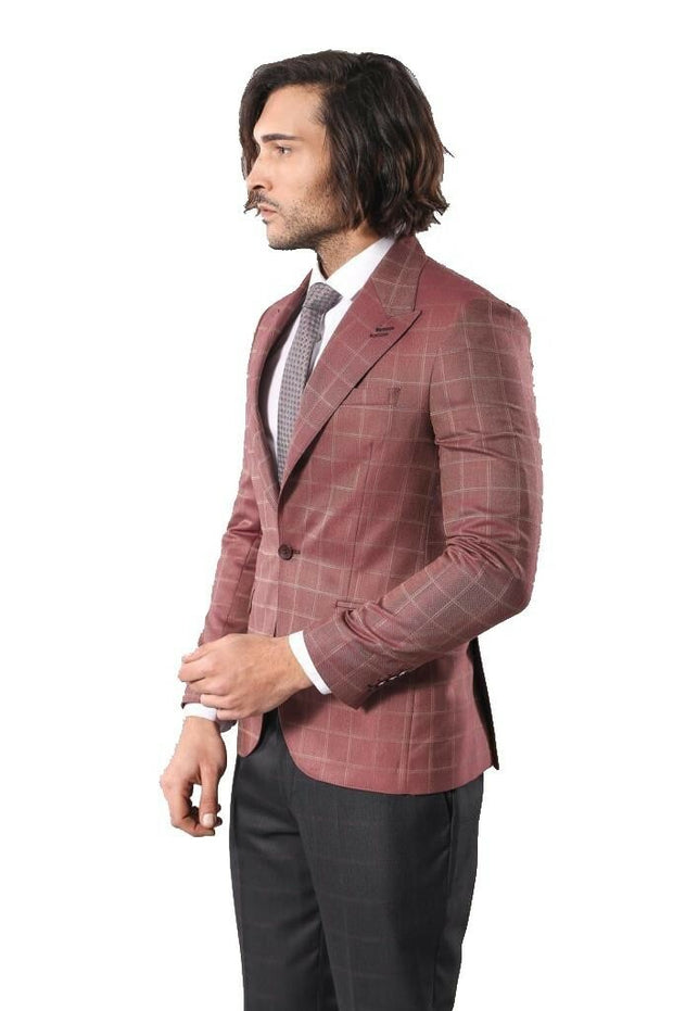 Single Button Wide Pointed Collar Burgundy Blazer $50 - $100, 34, 36, 38, 40, 6 Drop, Burgundy, Casual, Italian, Linen Blazer, Men's Blazers, Modern Fit, Peak, pink, Slim Fit OutletBlazer - w