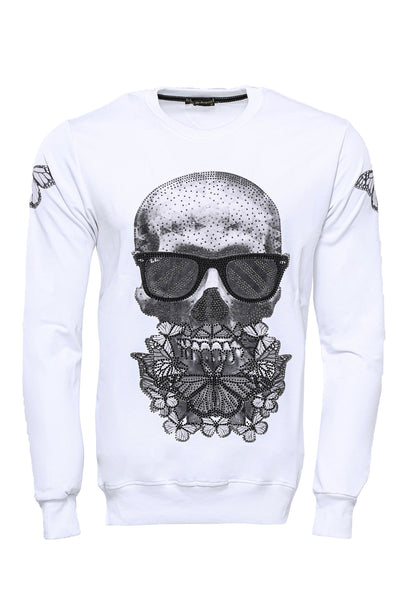 Skull Printed White Sweatshirt Crew Neck, Daily, Modern Fit, Printed, Slim Fit, Sport, Sport Clothing, Sweatshirt, White Sport ClothingSweatshirt - wessi