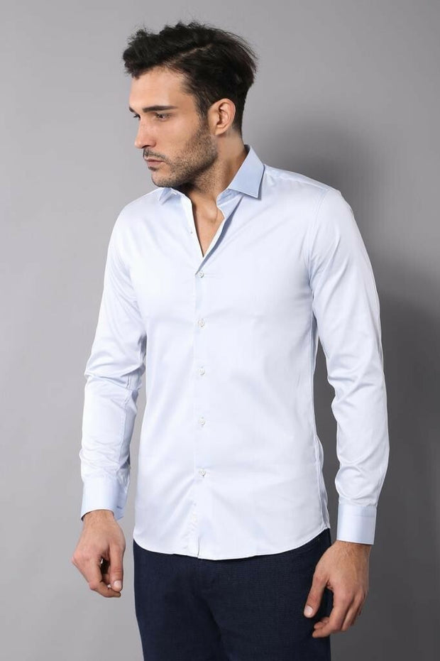 Sky Blue Cotton Satin Shirt | Wessi 3-piece-suit, Basic, Casual, Daily, Italian, Modern Fit, Office, Plain, Satin Blend, Shirt, Slim Fit, Slim Fit Shirt ShirtSlim Fit Shirt - wessi