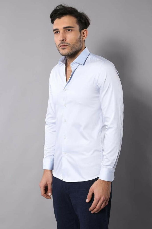 Sky Blue Cotton Satin Shirt | Wessi 3-piece-suit, Basic, Casual, Daily, Italian, Modern Fit, Office, Plain, Satin Blend, Shirt, Slim Fit, Slim Fit Shirt ShirtSlim Fit Shirt - wessi