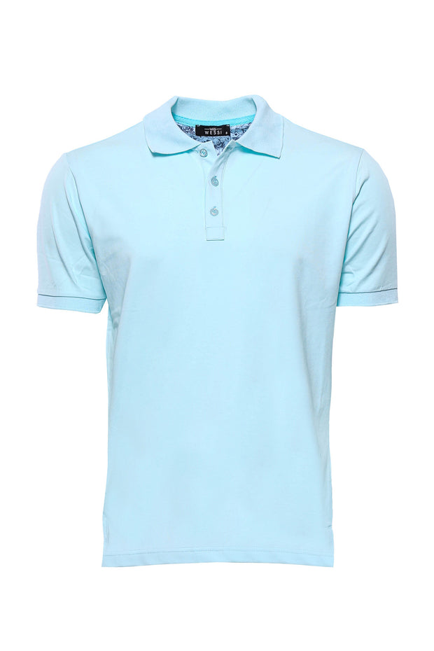 Sky Blue Polo Collar T-shirt 3-piece-suit, Basic, Casual, Daily, Essentials, Knit, Modern Fit, Plain, Polo, Polo T-Shirt, Slim Fit, T-Shirt T-ShirtPolo T-Shirt - wessi