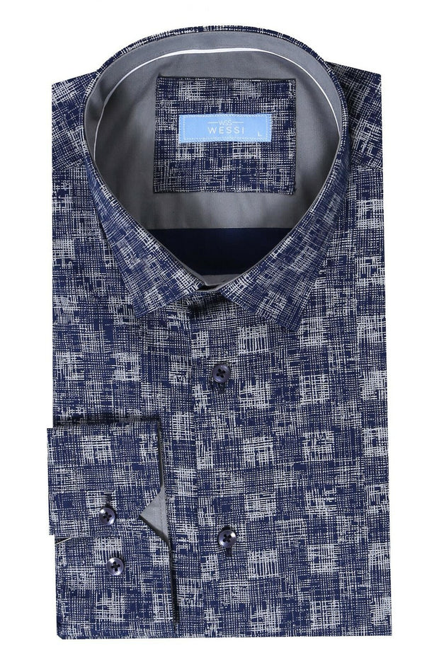 Slim-Fit Patterned Navy Shirt | Wessi 3-piece-suit, Blue, Casual, Cuff, Daily, Dot Patterned, Italian, Long Sleeve, Modern Fit, Navy, navy-blue, Patterned, Plaid, Shirt, Slim Fit, Slim Fit Sh