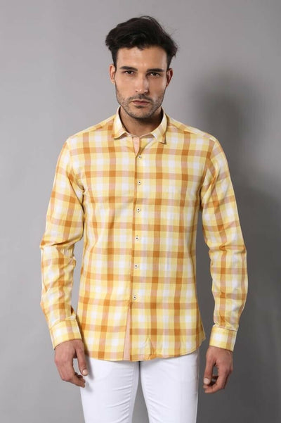 Slim Fit Plaid Patterned Yellow Shirt 3-piece-suit, Casual, Casual Shirt, Checked, Daily, Italian, Modern Fit, Plaid, Shirt, Slim Fit, Sport, yellow ShirtCasual Shirt - wessi