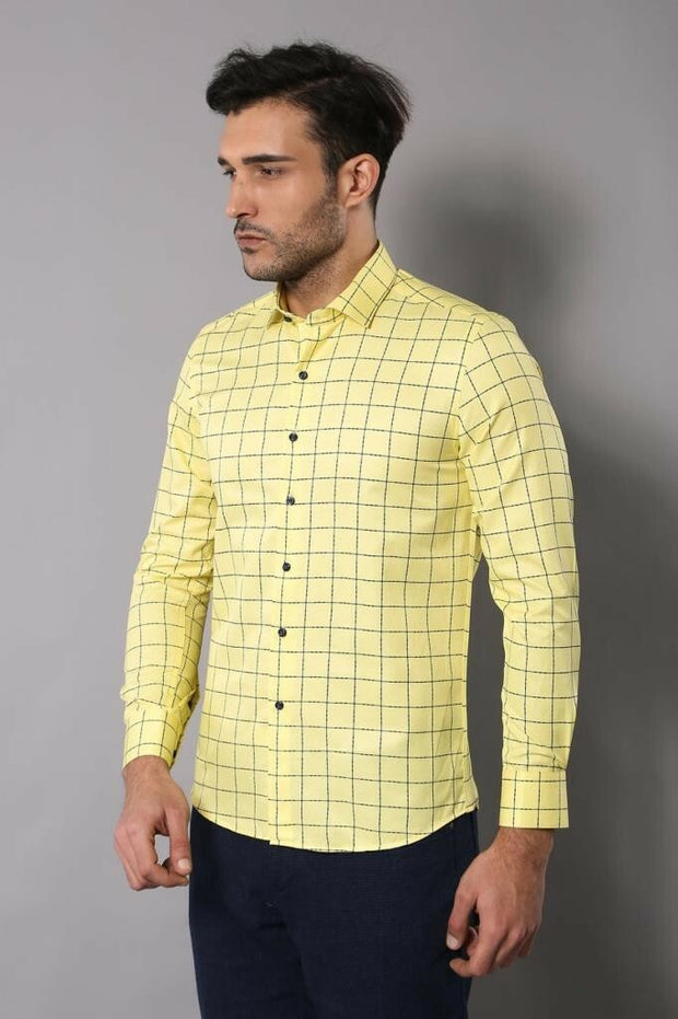 Slim Fit Plaid Yellow Shirt 3-piece-suit, Casual, Casual Shirt, Daily, Italian, M, Modern Fit, Plaid, S, Shirt, Slim Fit, Sport, XL, yellow OutletT-shirt - wessi