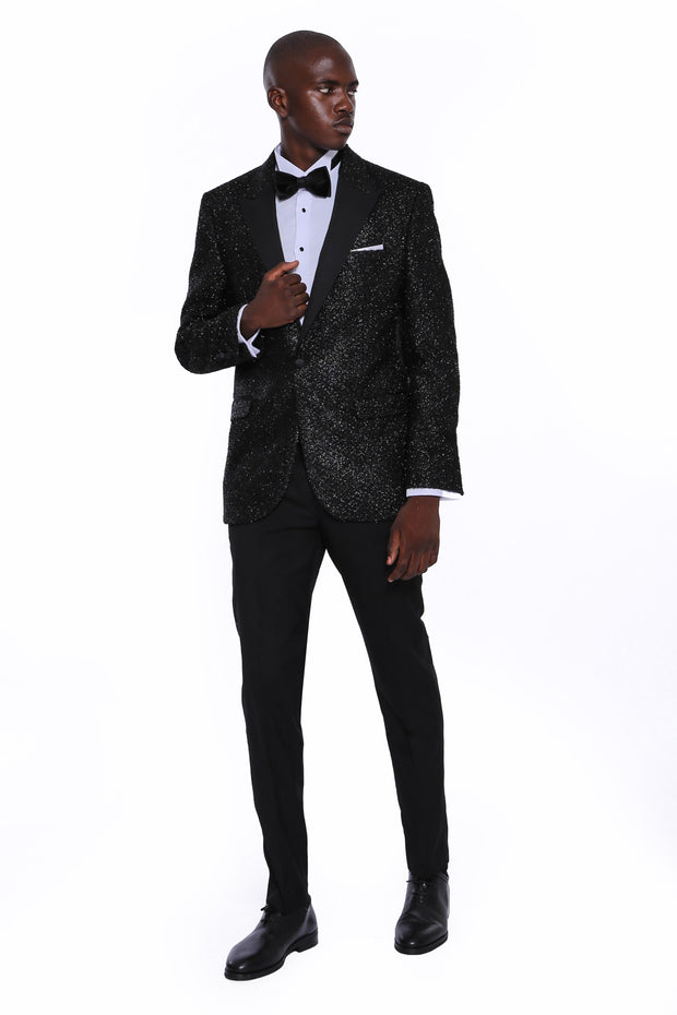 Sparkly Black Patterned Party Blazer 3-piece-suit, 36, 38, 40, 42, 44, 46, 48, 6 Drop, Black, Italian Suit, Men's Blazers, Modern Fit, Party, Patterned, Peak, Peak Lapel, Shiny, Slim Fit, Sli