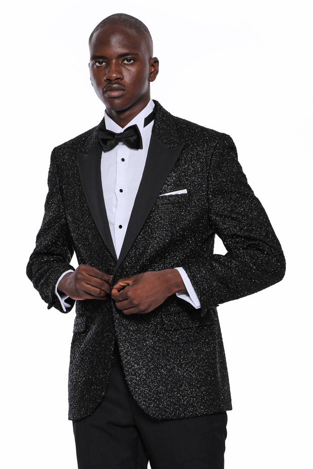 Sparkly Black Patterned Party Blazer 3-piece-suit, 36, 38, 40, 42, 44, 46, 48, 6 Drop, Black, Italian Suit, Men's Blazers, Modern Fit, Party, Patterned, Peak, Peak Lapel, Shiny, Slim Fit, Sli