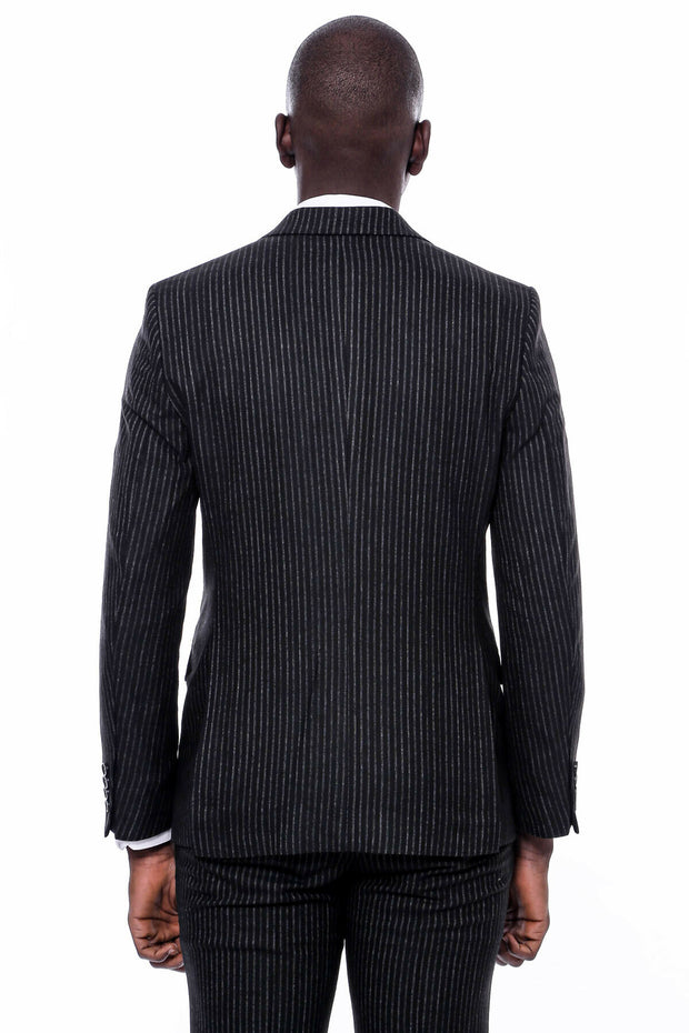 Striped Black Double Breasted Suit 36, 38, 40, 42, 44, 46, 48, Double Breasted, Modern Fit, New Season, Peak, Peak Lapel, Slim Fit, Striped Suit3 Piece Suits - wessi