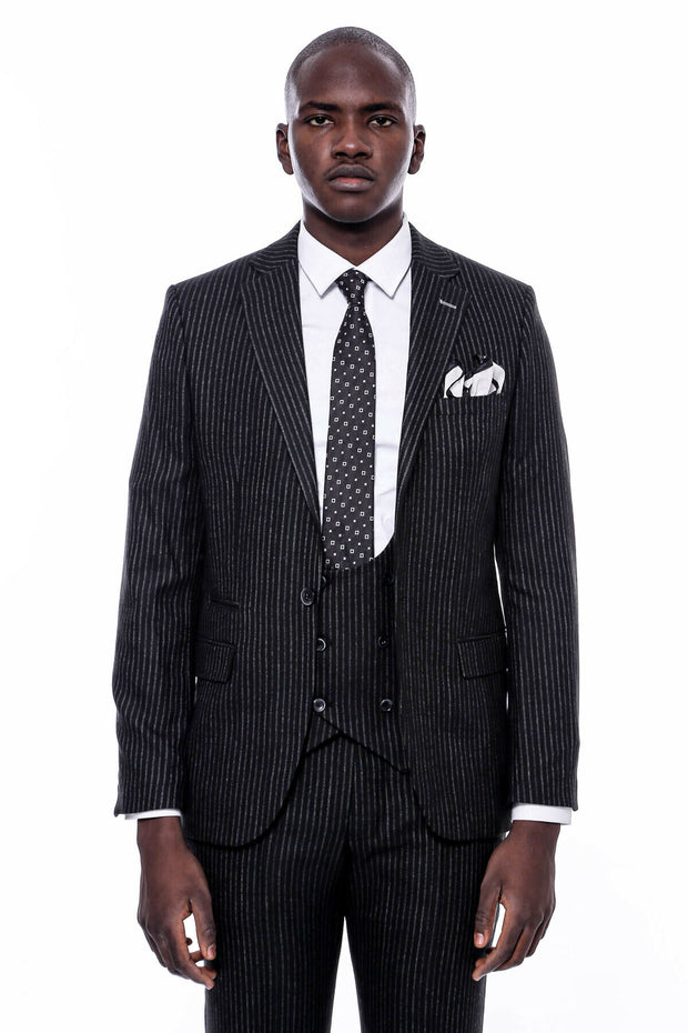 Striped Black Double Breasted Suit 36, 38, 40, 42, 44, 46, 48, Double Breasted, Modern Fit, New Season, Peak, Peak Lapel, Slim Fit, Striped Suit3 Piece Suits - wessi