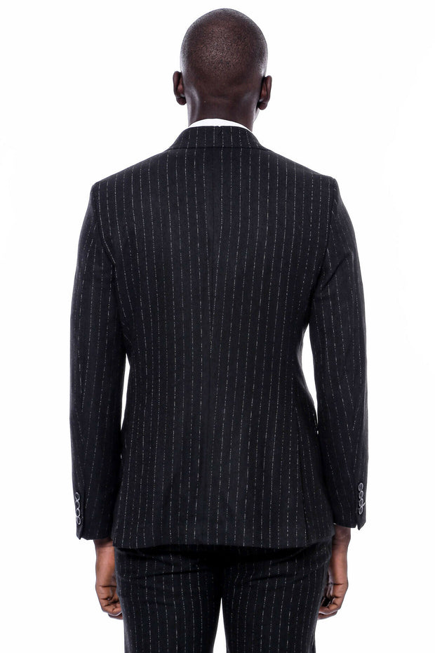 Striped Black Vested Suit 36, 38, 40, 42, 44, 46, 48, Modern Fit, New Season, Peak, Peak Lapel, Slim Fit SuitSlim Fit Suit - wessi