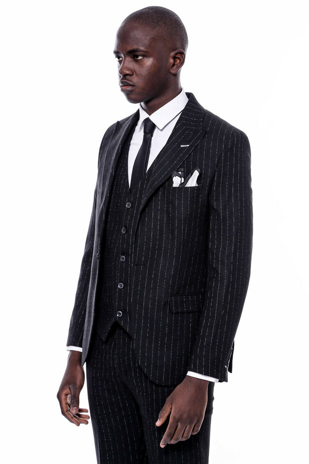 Striped Black Vested Suit 36, 38, 40, 42, 44, 46, 48, Modern Fit, New Season, Peak, Peak Lapel, Slim Fit SuitSlim Fit Suit - wessi