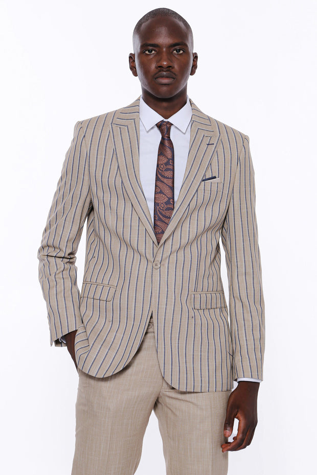 Striped Blazer Plain Pants Beige Suit 3-piece-suit, 36, 38, 40, 42, 44, 46, 48, mens-suit_obsolete, Modern Fit, Peak, Peak Lapel, Slim Fit, Slim Fit Suit, Striped, Suit SuitSlim Fit Suit - we