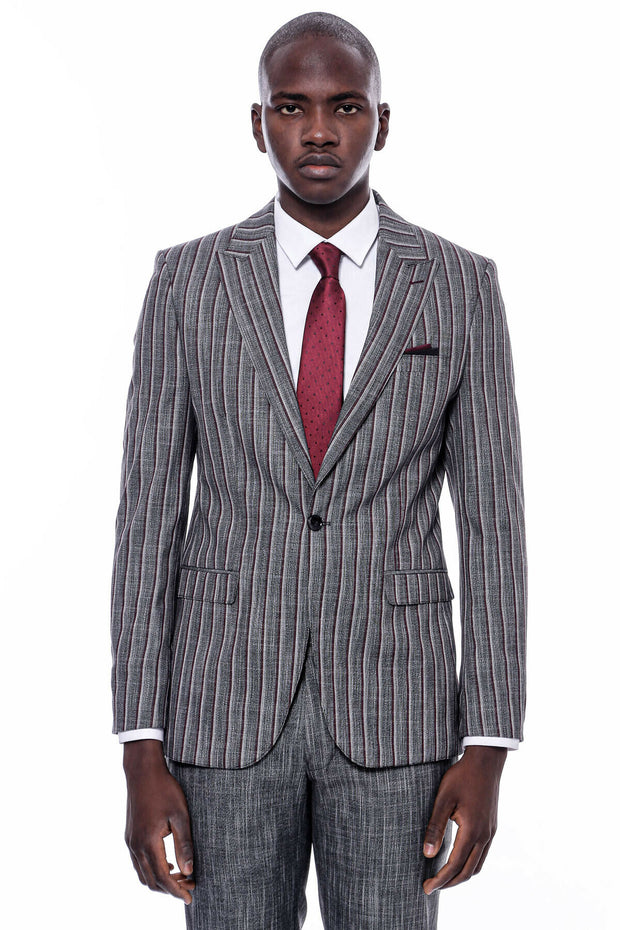 Striped Blazer Plain Pants Black Suit 36, 38, 40, 42, 44, 46, 48, New Season, Peak, Peak Lapel, Striped New Season - wessi