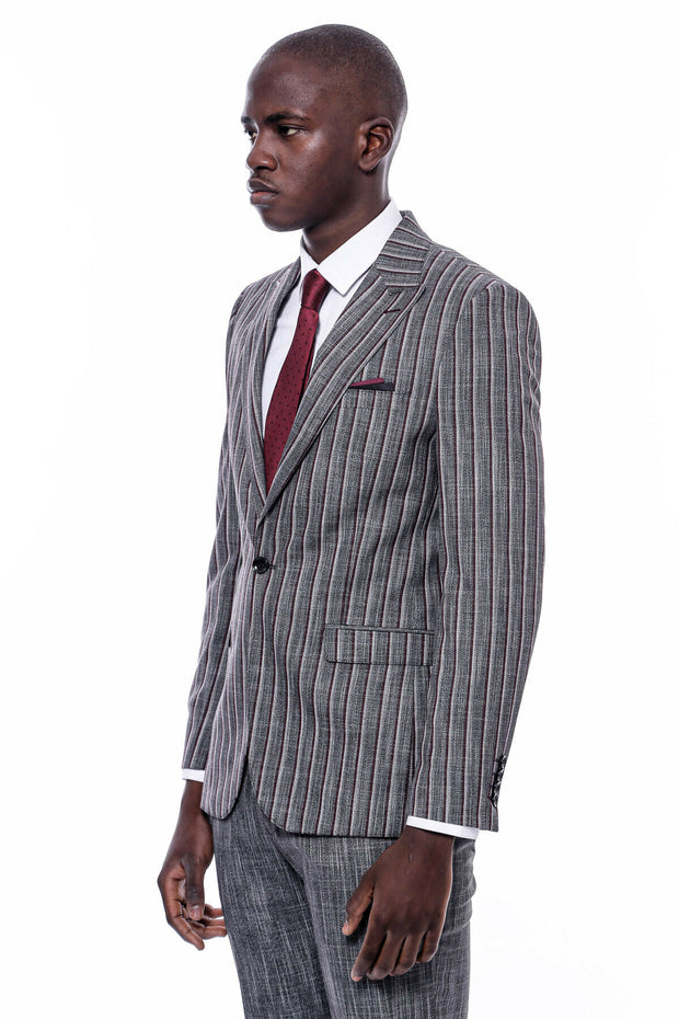 Striped Blazer Plain Pants Black Suit 36, 38, 40, 42, 44, 46, 48, New Season, Peak, Peak Lapel, Striped New Season - wessi