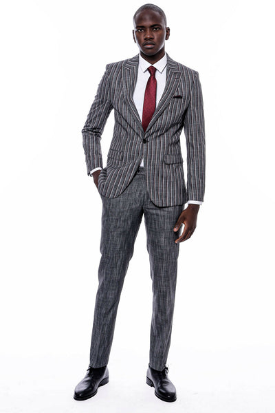 Striped Blazer Plain Pants Black Suit 36, 38, 40, 42, 44, 46, 48, New Season, Peak, Peak Lapel, Striped New Season - wessi