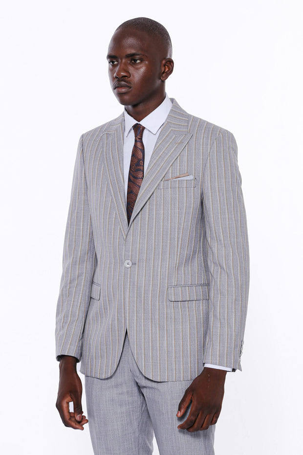 Striped Blazer Plain Pants Grey Suit 3-piece-suit, 36, 38, 40, 42, 44, 46, 48, mens-suit_obsolete, Modern Fit, Peak, Peak Lapel, Slim Fit, Slim Fit Suit, Striped, Suit SuitSlim Fit Suit - wes