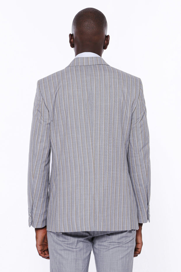 Striped Blazer Plain Pants Grey Suit 3-piece-suit, 36, 38, 40, 42, 44, 46, 48, mens-suit_obsolete, Modern Fit, Peak, Peak Lapel, Slim Fit, Slim Fit Suit, Striped, Suit SuitSlim Fit Suit - wes