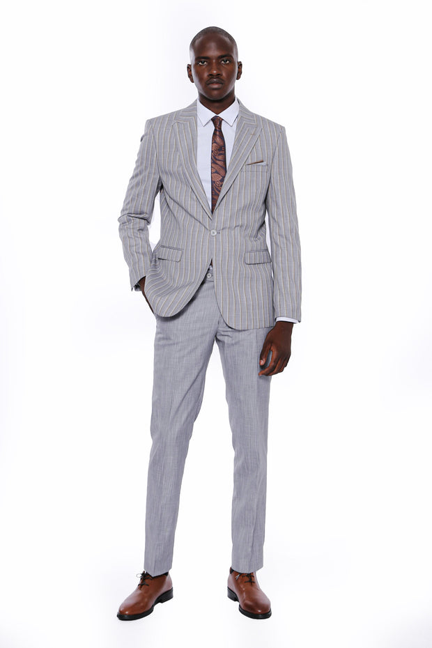 Striped Blazer Plain Pants Grey Suit 3-piece-suit, 36, 38, 40, 42, 44, 46, 48, mens-suit_obsolete, Modern Fit, Peak, Peak Lapel, Slim Fit, Slim Fit Suit, Striped, Suit SuitSlim Fit Suit - wes