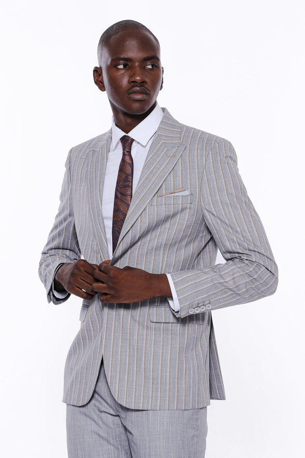 Striped Blazer Plain Pants Grey Suit 3-piece-suit, 36, 38, 40, 42, 44, 46, 48, mens-suit_obsolete, Modern Fit, Peak, Peak Lapel, Slim Fit, Slim Fit Suit, Striped, Suit SuitSlim Fit Suit - wes