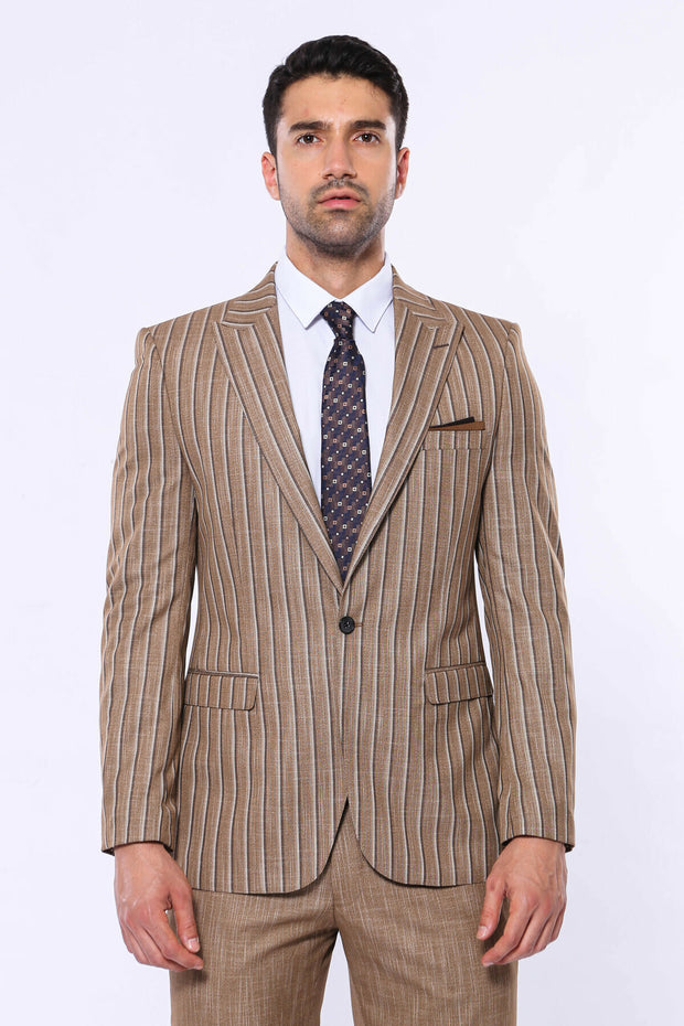 Striped Blazer Plain Pants Light Brown Suit 3-piece-suit, 36, 38, 40, 42, 44, 46, 48, Brown, mens-suit_obsolete, Modern Fit, Peak, Peak Lapel, Slim Fit, Slim Fit Suit, Striped, Suit, tan Suit