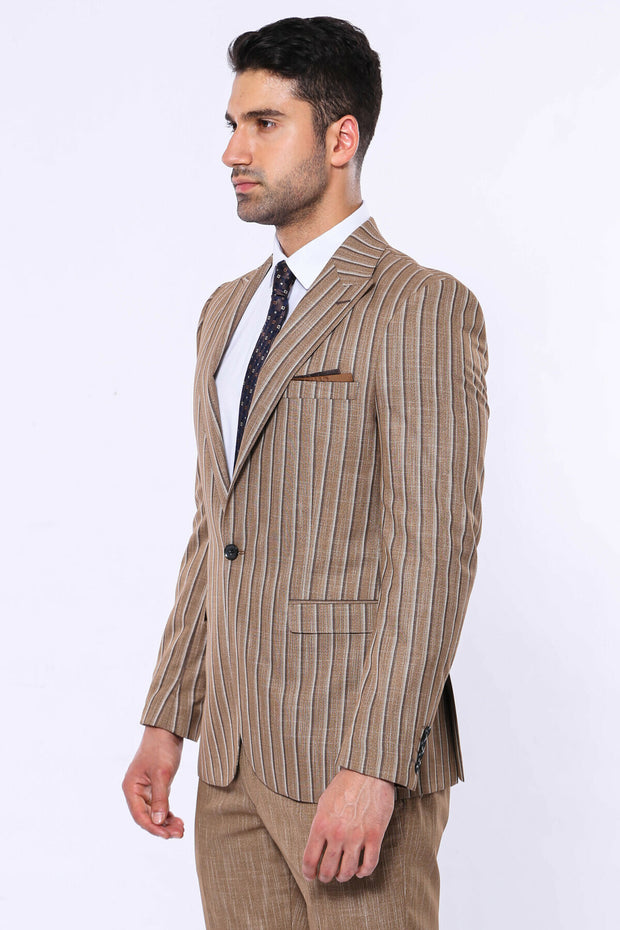 Striped Blazer Plain Pants Light Brown Suit 3-piece-suit, 36, 38, 40, 42, 44, 46, 48, Brown, mens-suit_obsolete, Modern Fit, Peak, Peak Lapel, Slim Fit, Slim Fit Suit, Striped, Suit, tan Suit