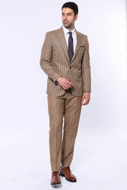 Striped Blazer Plain Pants Light Brown Suit 3-piece-suit, 36, 38, 40, 42, 44, 46, 48, Brown, mens-suit_obsolete, Modern Fit, Peak, Peak Lapel, Slim Fit, Slim Fit Suit, Striped, Suit, tan Suit