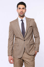 Striped Blazer Plain Pants Light Brown Suit 3-piece-suit, 36, 38, 40, 42, 44, 46, 48, Brown, mens-suit_obsolete, Modern Fit, Peak, Peak Lapel, Slim Fit, Slim Fit Suit, Striped, Suit, tan Suit