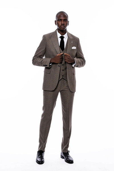 Striped Brown Vested Suit $150 - $200, 3-piece-suit, 36, 38, 40, 42, 44, 46, 48, 6 Drop, Daily, Italian, Italian Suit, mens-suit_obsolete, Modern Fit, Office, Peak, Peak Lapel, Slim Fit, Slim