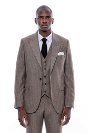 Striped Brown Vested Suit $150 - $200, 3-piece-suit, 36, 38, 40, 42, 44, 46, 48, 6 Drop, Daily, Italian, Italian Suit, mens-suit_obsolete, Modern Fit, Office, Peak, Peak Lapel, Slim Fit, Slim