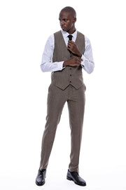 Striped Brown Vested Suit $150 - $200, 3-piece-suit, 36, 38, 40, 42, 44, 46, 48, 6 Drop, Daily, Italian, Italian Suit, mens-suit_obsolete, Modern Fit, Office, Peak, Peak Lapel, Slim Fit, Slim