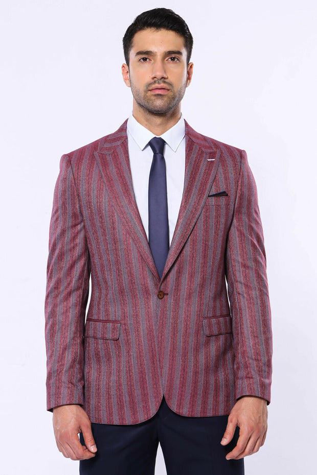 Striped Burgundy Blazer 3-piece-suit, 36, 38, 40, 42, 44, 46, 48, Men's Blazers, Modern Fit, Peak, Peak Lapel, Slim Fit, Sport Coats, Striped Men's BlazersSport Coats - wessi