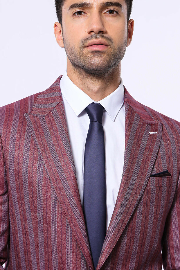 Striped Burgundy Blazer 3-piece-suit, 36, 38, 40, 42, 44, 46, 48, Men's Blazers, Modern Fit, Peak, Peak Lapel, Slim Fit, Sport Coats, Striped Men's BlazersSport Coats - wessi