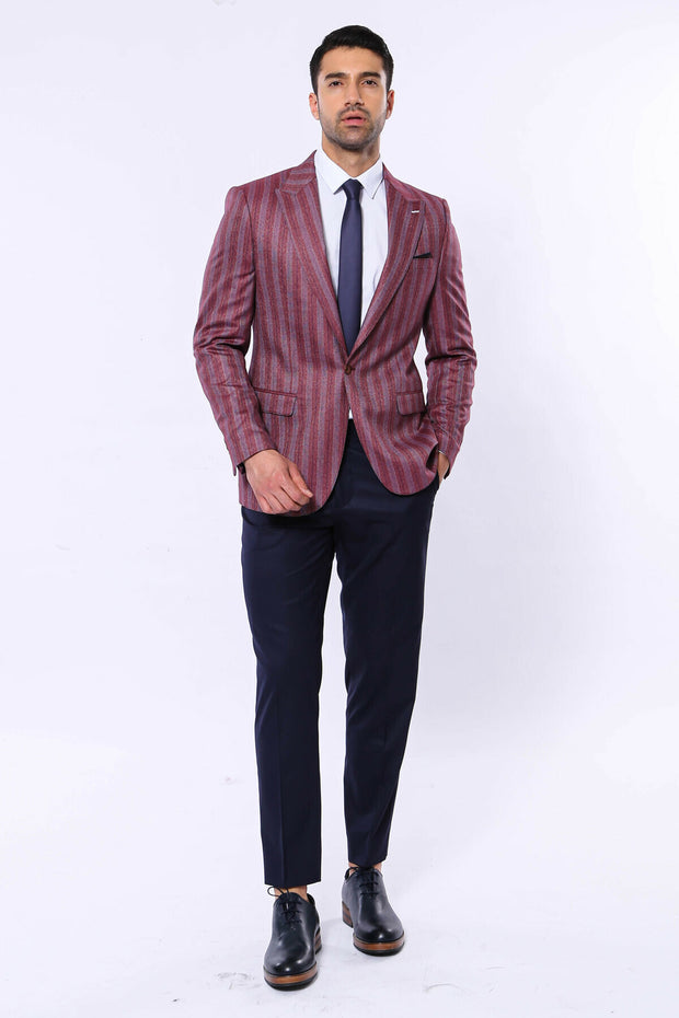 Striped Burgundy Blazer 3-piece-suit, 36, 38, 40, 42, 44, 46, 48, Men's Blazers, Modern Fit, Peak, Peak Lapel, Slim Fit, Sport Coats, Striped Men's BlazersSport Coats - wessi