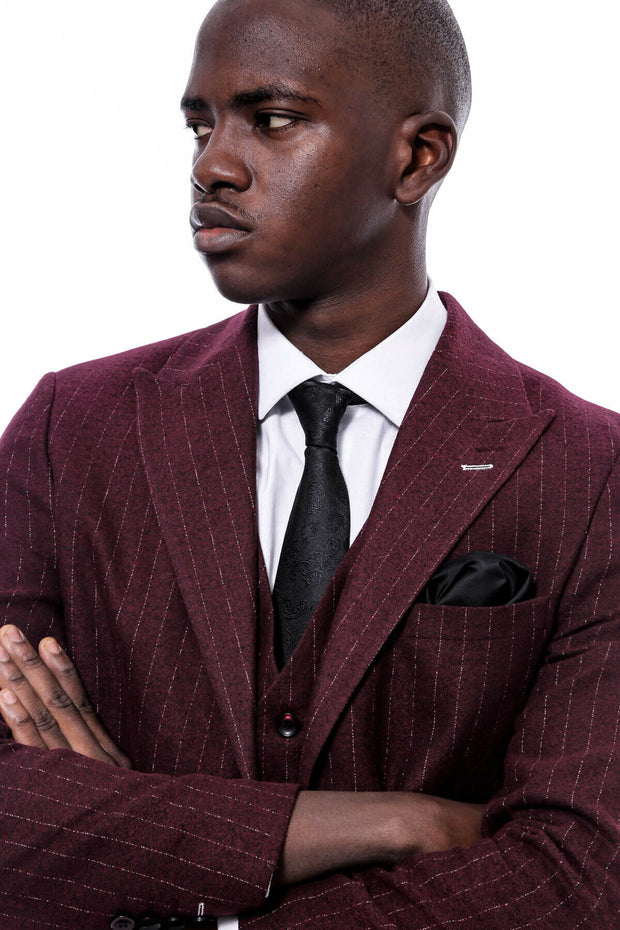 Striped Burgundy Vested Suit $150 - $200, 3-piece-suit, 36, 38, 40, 42, 44, 46, 48, 6 Drop, Daily, Italian, Modern Fit, Office, Peak, Peak Lapel, Slim Fit, Slim Fit Suit, Striped, Suit SuitSl