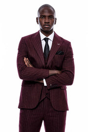 Striped Burgundy Vested Suit $150 - $200, 3-piece-suit, 36, 38, 40, 42, 44, 46, 48, 6 Drop, Daily, Italian, Modern Fit, Office, Peak, Peak Lapel, Slim Fit, Slim Fit Suit, Striped, Suit SuitSl