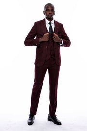 Striped Burgundy Vested Suit $150 - $200, 3-piece-suit, 36, 38, 40, 42, 44, 46, 48, 6 Drop, Daily, Italian, Modern Fit, Office, Peak, Peak Lapel, Slim Fit, Slim Fit Suit, Striped, Suit SuitSl