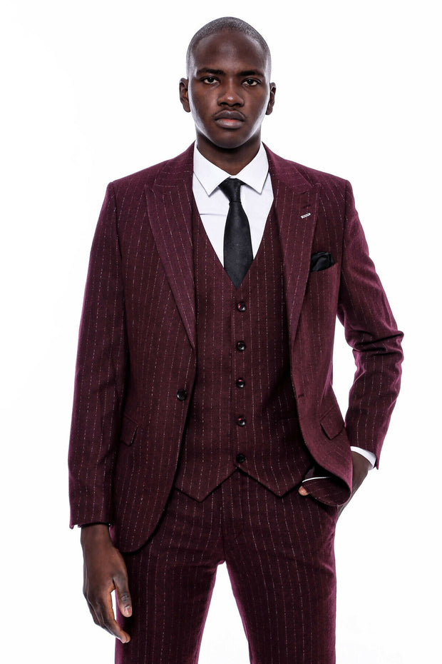 Striped Burgundy Vested Suit $150 - $200, 3-piece-suit, 36, 38, 40, 42, 44, 46, 48, 6 Drop, Daily, Italian, Modern Fit, Office, Peak, Peak Lapel, Slim Fit, Slim Fit Suit, Striped, Suit SuitSl