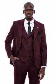 Striped Burgundy Vested Suit $150 - $200, 3-piece-suit, 36, 38, 40, 42, 44, 46, 48, 6 Drop, Daily, Italian, Modern Fit, Office, Peak, Peak Lapel, Slim Fit, Slim Fit Suit, Striped, Suit SuitSl