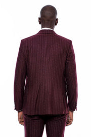 Striped Burgundy Vested Suit $150 - $200, 3-piece-suit, 36, 38, 40, 42, 44, 46, 48, 6 Drop, Daily, Italian, Modern Fit, Office, Peak, Peak Lapel, Slim Fit, Slim Fit Suit, Striped, Suit SuitSl