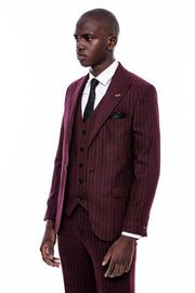 Striped Burgundy Vested Suit $150 - $200, 3-piece-suit, 36, 38, 40, 42, 44, 46, 48, 6 Drop, Daily, Italian, Modern Fit, Office, Peak, Peak Lapel, Slim Fit, Slim Fit Suit, Striped, Suit SuitSl