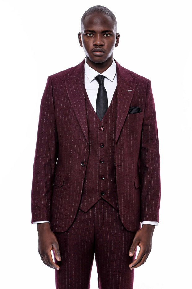 Striped Burgundy Vested Suit $150 - $200, 3-piece-suit, 36, 38, 40, 42, 44, 46, 48, 6 Drop, Daily, Italian, Modern Fit, Office, Peak, Peak Lapel, Slim Fit, Slim Fit Suit, Striped, Suit SuitSl