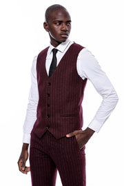 Striped Burgundy Vested Suit $150 - $200, 3-piece-suit, 36, 38, 40, 42, 44, 46, 48, 6 Drop, Daily, Italian, Modern Fit, Office, Peak, Peak Lapel, Slim Fit, Slim Fit Suit, Striped, Suit SuitSl