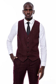 Striped Burgundy Vested Suit $150 - $200, 3-piece-suit, 36, 38, 40, 42, 44, 46, 48, 6 Drop, Daily, Italian, Modern Fit, Office, Peak, Peak Lapel, Slim Fit, Slim Fit Suit, Striped, Suit SuitSl