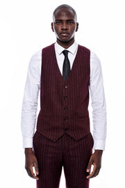 Striped Burgundy Vested Suit $150 - $200, 3-piece-suit, 36, 38, 40, 42, 44, 46, 48, 6 Drop, Daily, Italian, Modern Fit, Office, Peak, Peak Lapel, Slim Fit, Slim Fit Suit, Striped, Suit SuitSl