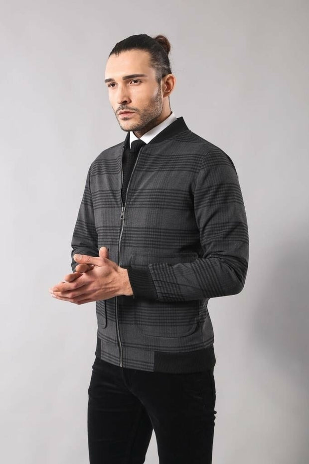 Striped Dark Grey Bomber Coat 3-piece-suit, 36, 38, 40, 42, 44, 46, Jackets, Modern Fit, Outwear, Puffer Coats, Slim Fit, Zippered OutwearJacketsPuffer Coats - wessi