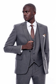 Striped Dark Grey Vested Suit 3-piece-suit, 36, 38, 40, 42, 44, 46, 48, Brown, Grey, mens-suit_obsolete, Modern Fit, Peak, Peak Lapel, Slim Fit, Slim Fit Suit, Striped, Suit, tan SuitSlim Fit