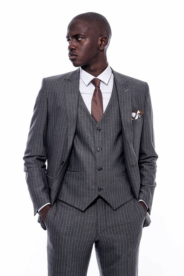 Striped Dark Grey Vested Suit 3-piece-suit, 36, 38, 40, 42, 44, 46, 48, Brown, Grey, mens-suit_obsolete, Modern Fit, Peak, Peak Lapel, Slim Fit, Slim Fit Suit, Striped, Suit, tan SuitSlim Fit