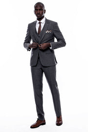 Striped Dark Grey Vested Suit 3-piece-suit, 36, 38, 40, 42, 44, 46, 48, Brown, Grey, mens-suit_obsolete, Modern Fit, Peak, Peak Lapel, Slim Fit, Slim Fit Suit, Striped, Suit, tan SuitSlim Fit