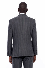 Striped Dark Grey Vested Suit 3-piece-suit, 36, 38, 40, 42, 44, 46, 48, Brown, Grey, mens-suit_obsolete, Modern Fit, Peak, Peak Lapel, Slim Fit, Slim Fit Suit, Striped, Suit, tan SuitSlim Fit